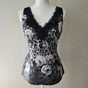 Cache whimsigoth black & white floral and leopard print top w/ lace V-neck trim